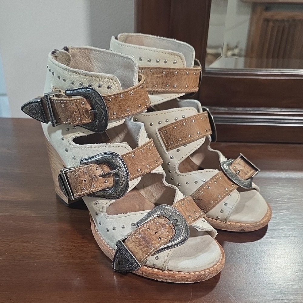 Beige and Tan Buckle-Strap Women’s Sandals